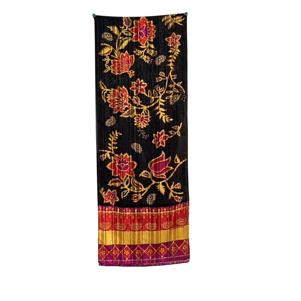 Vintage Liz Claiborne Floral‎ Stripe Scarf Black Red Gold Lightweight Wrap
